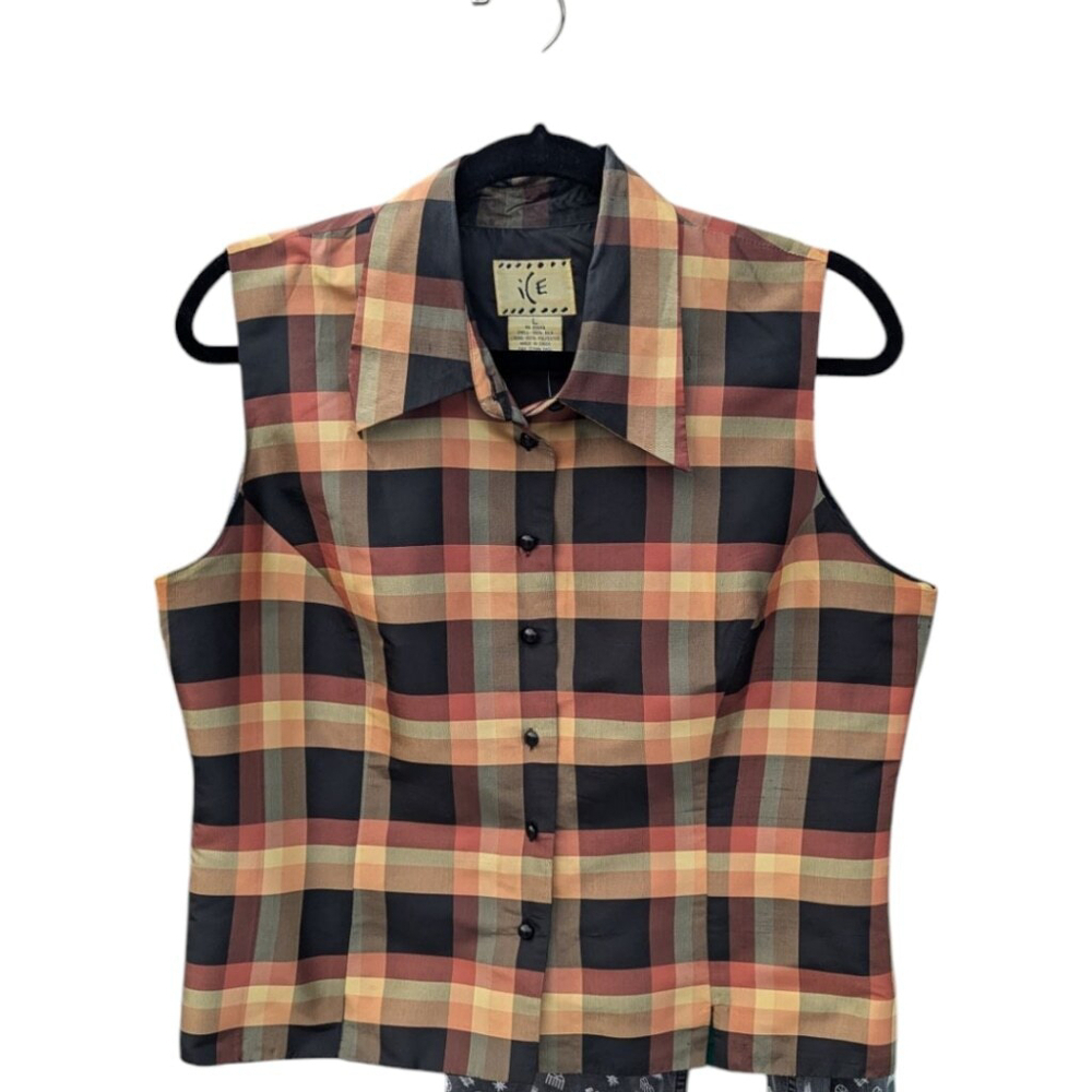 Vtg Silk Plaid Sleeveless Button Up Vest Orange Black Womens Sz L READ FLAW